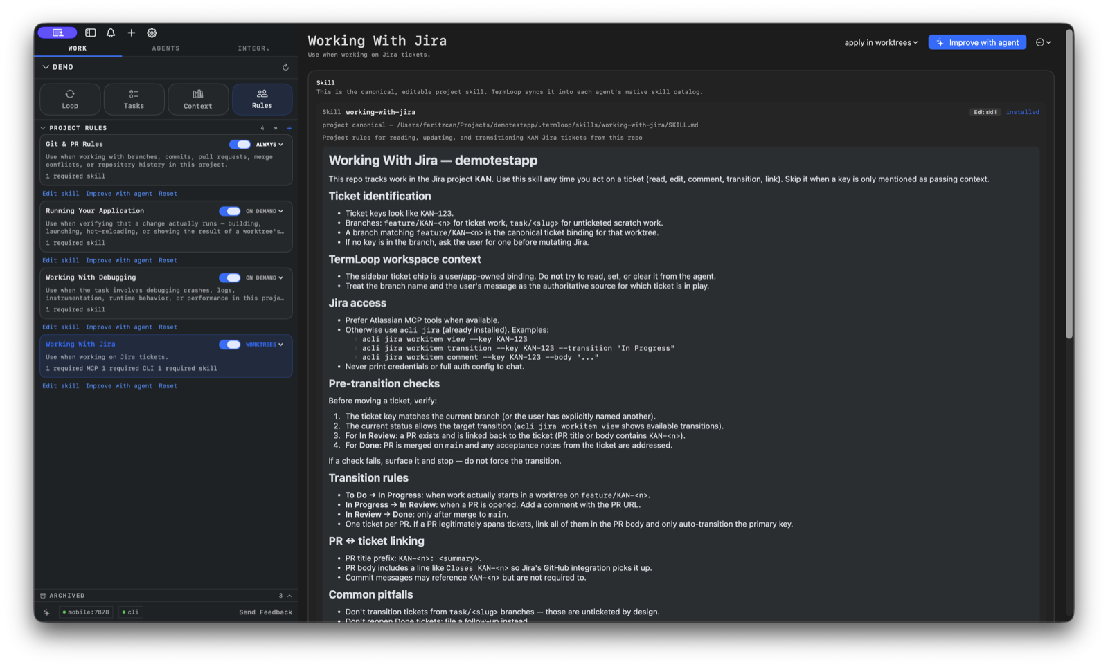 Project Rules showing one editable skill synced into agent catalogs