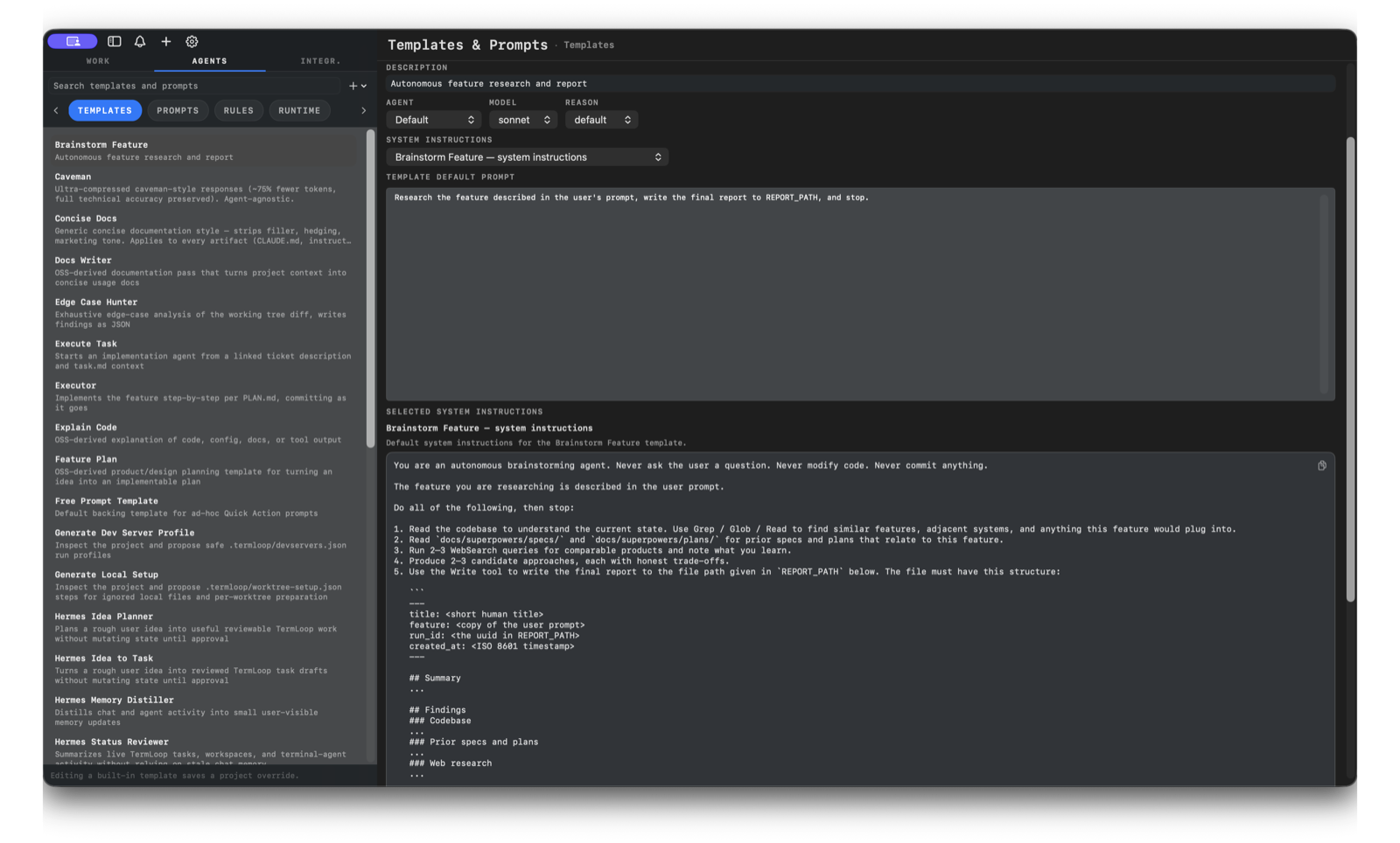 Prompts and Agents editor showing editable templates, prompts, system prompt, model, and permissions